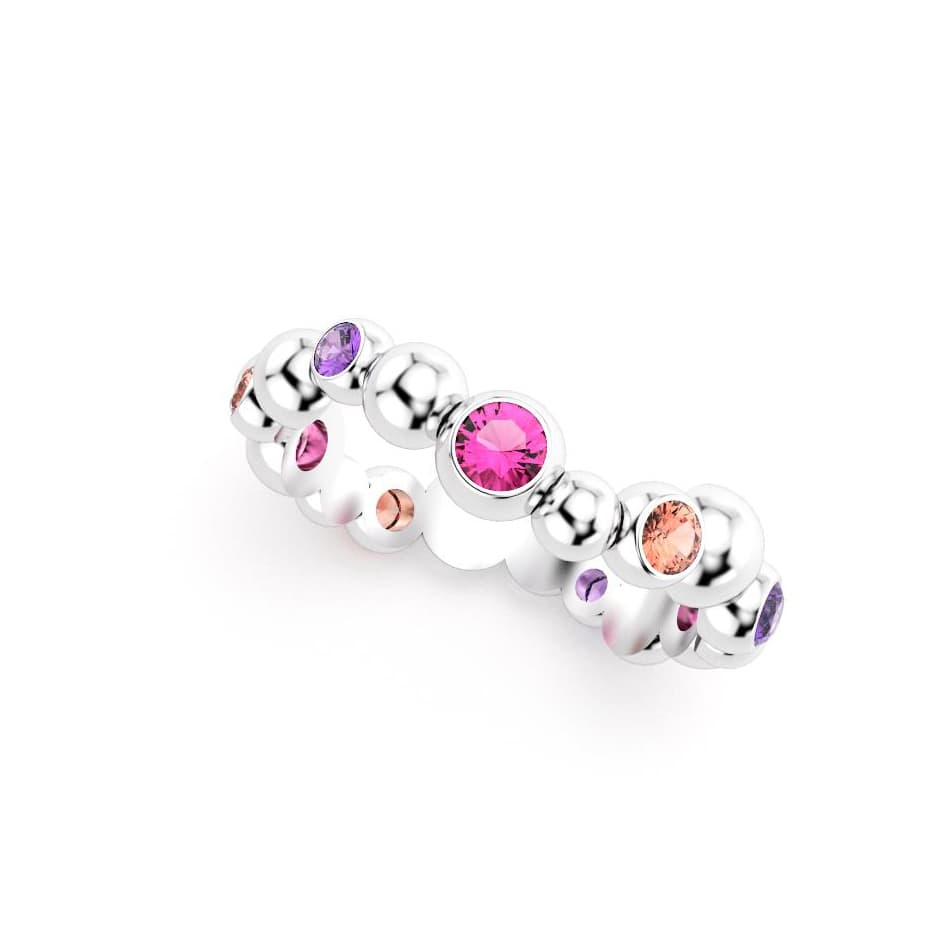 Bague volga femme or blanc pierre semi-précieuse saphir violets et peches et roses