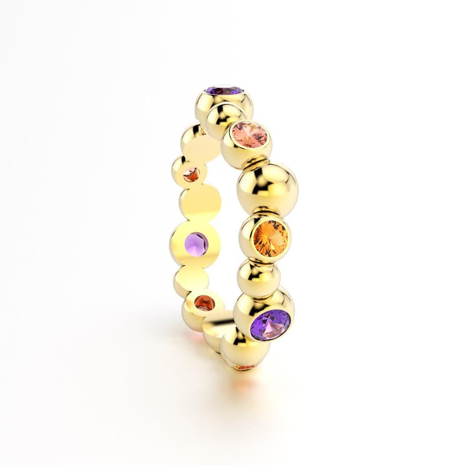 Bague volga femme or jaune pierre semi-précieuse saphir violets et peche et grenats mandarins