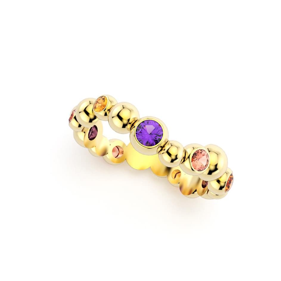 Bague volga femme or jaune pierre semi-précieuse saphir violets et peche et grenats mandarins