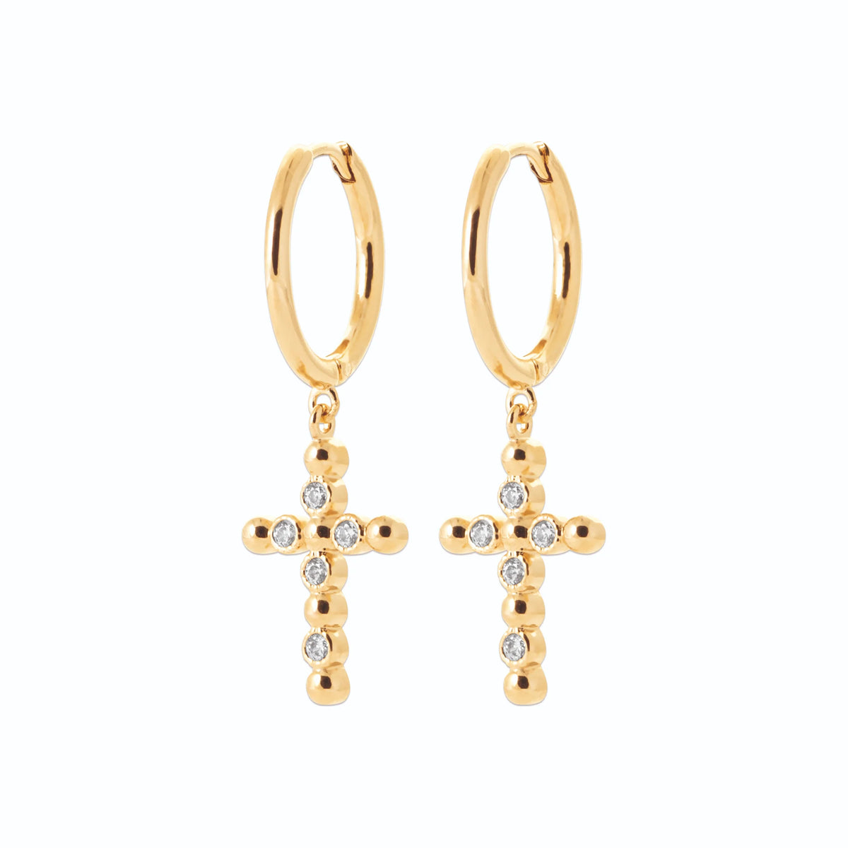 Boucles d’oreilles créoles à croix perlée et zircons en plaqué or