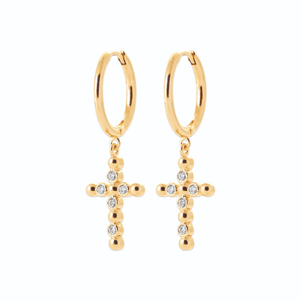 Boucles d’oreilles créoles à croix perlée et zircons en plaqué or