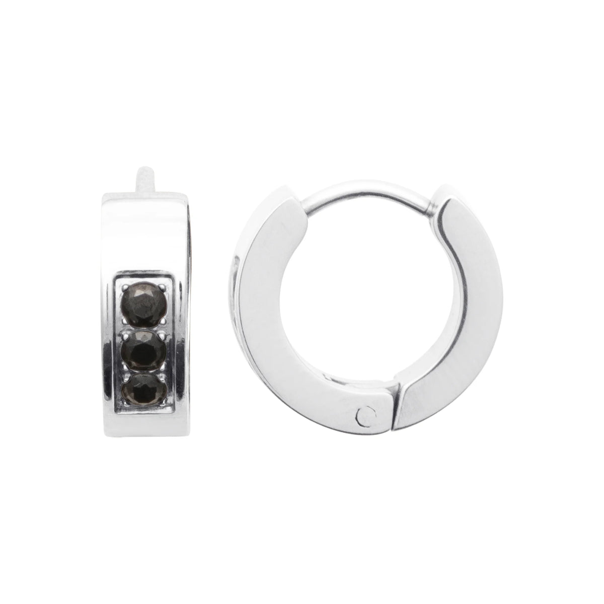 Boucles d’oreilles créoles en acier serties de trois pierres noires homme