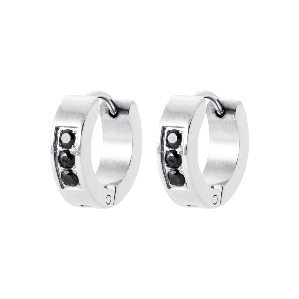 Boucles d’oreilles créoles en acier serties de trois pierres noires homme