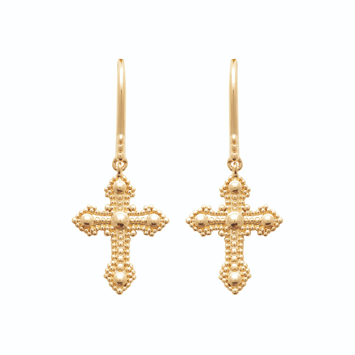 Boucles d’oreilles pendantes croix perlée fleurdelisée en plaqué or