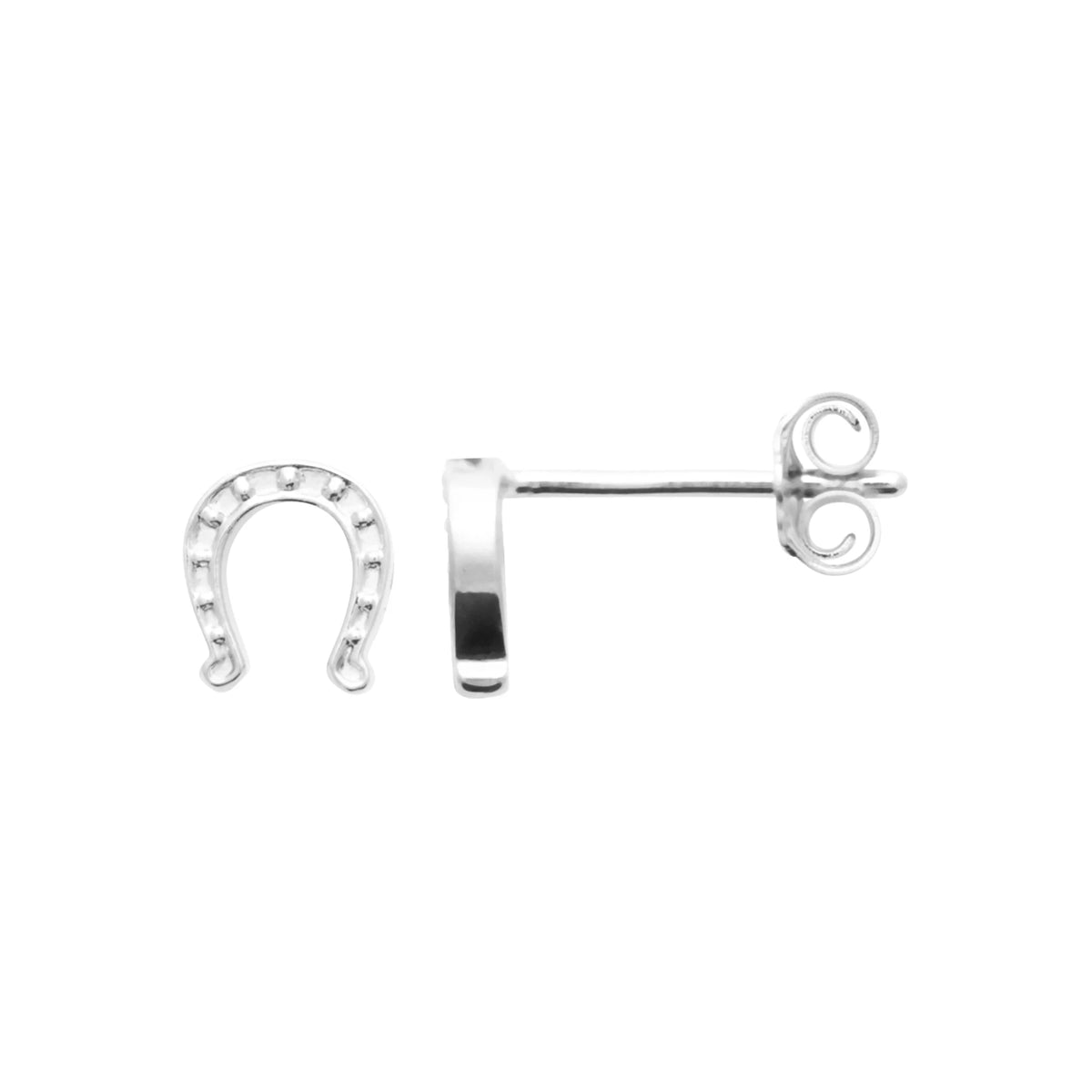 Boucles d’oreilles puces fer à cheval en argent rhodié vu de profil