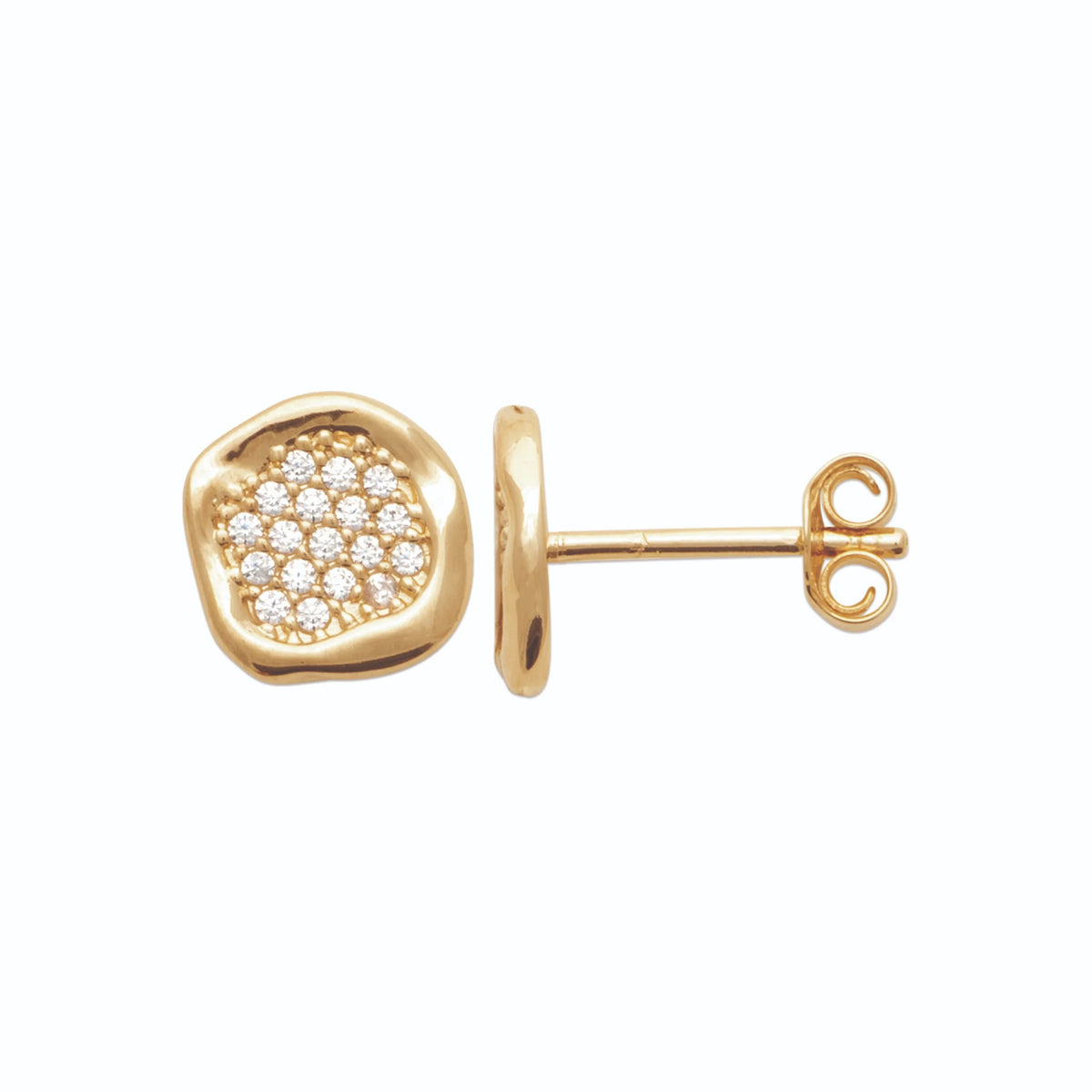 Boucles d’oreilles puces galet pavé de zircons en plaqué or vu de profil