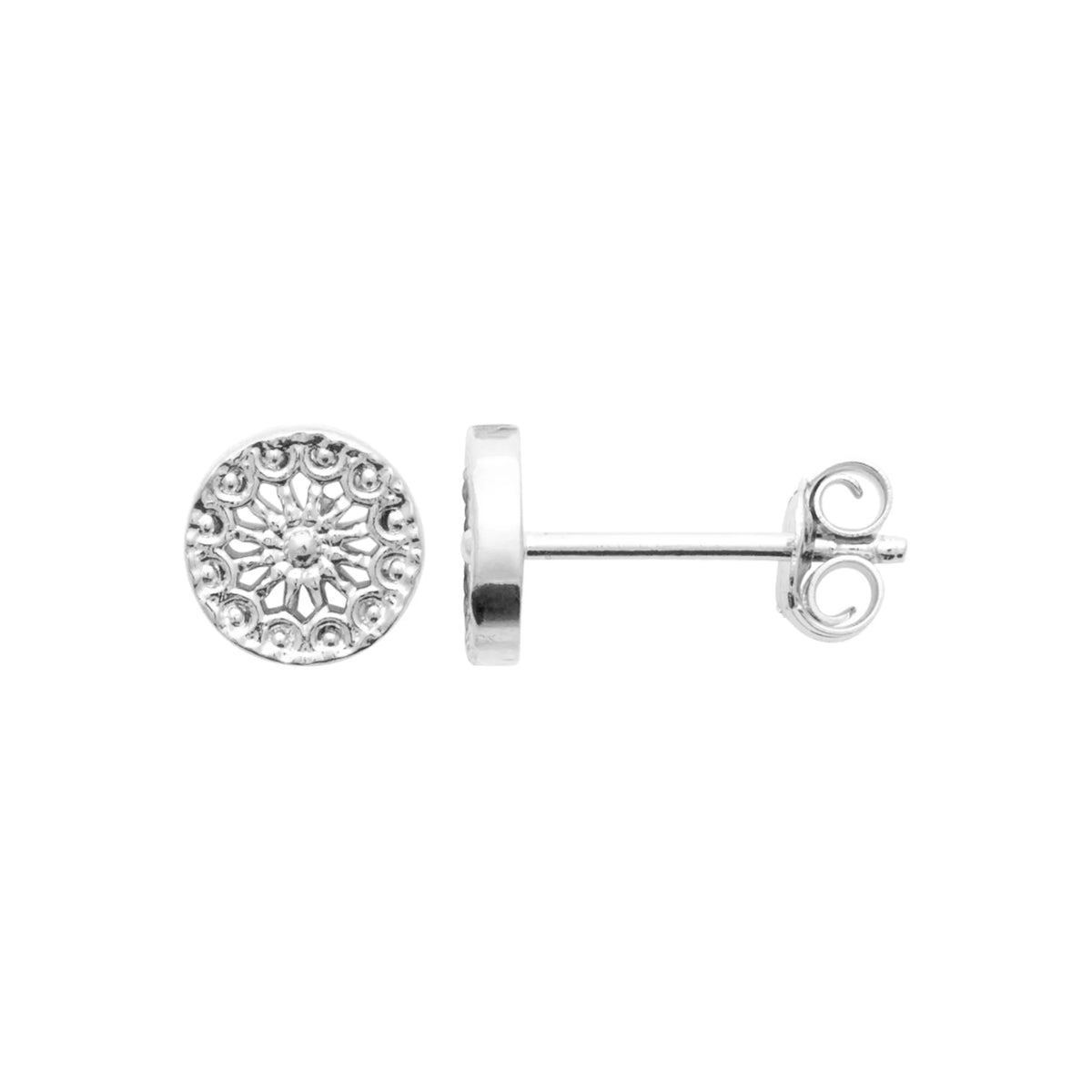 Boucles d’oreilles puces rosace ajourée en argent rhodié vu de profil