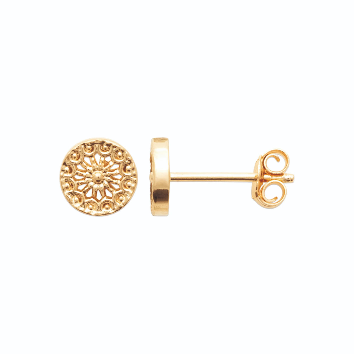 Boucles d’oreilles puces rosace ajourée en plaqué or vu de profil
