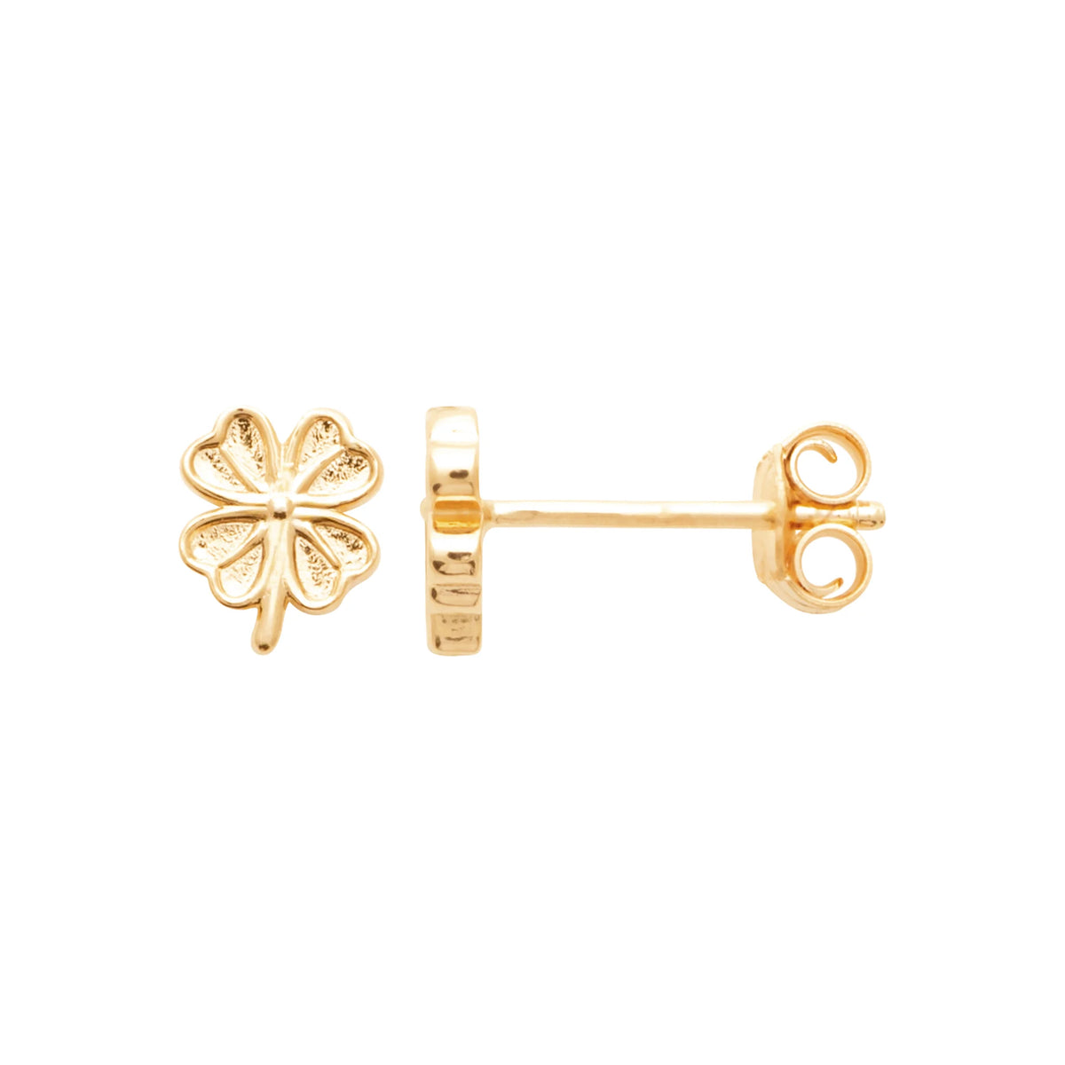 Boucles d’oreilles puces trèfle à quatre feuilles en plaqué or vu de profil