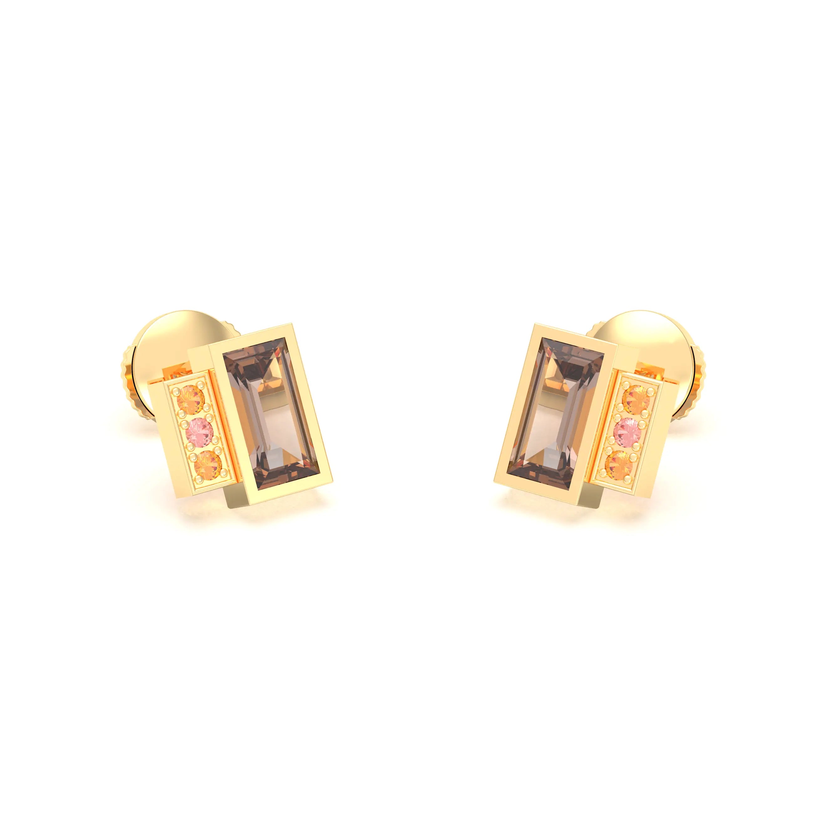 Boucles d'oreilles Art Déco Or Jaune 18 Carats Personnalisables Quartz fumé