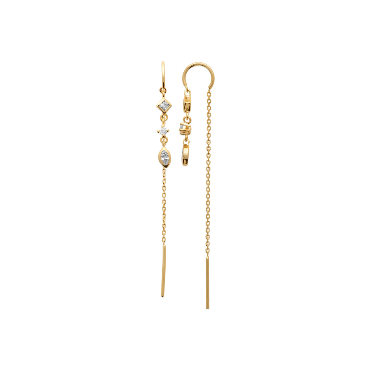 Boucles d’oreilles chaînettes traversantes losanges en plaqué or et zircons