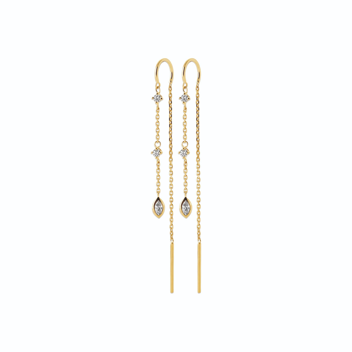 Boucles d’oreilles chaînettes traversantes en plaqué or et zircons
