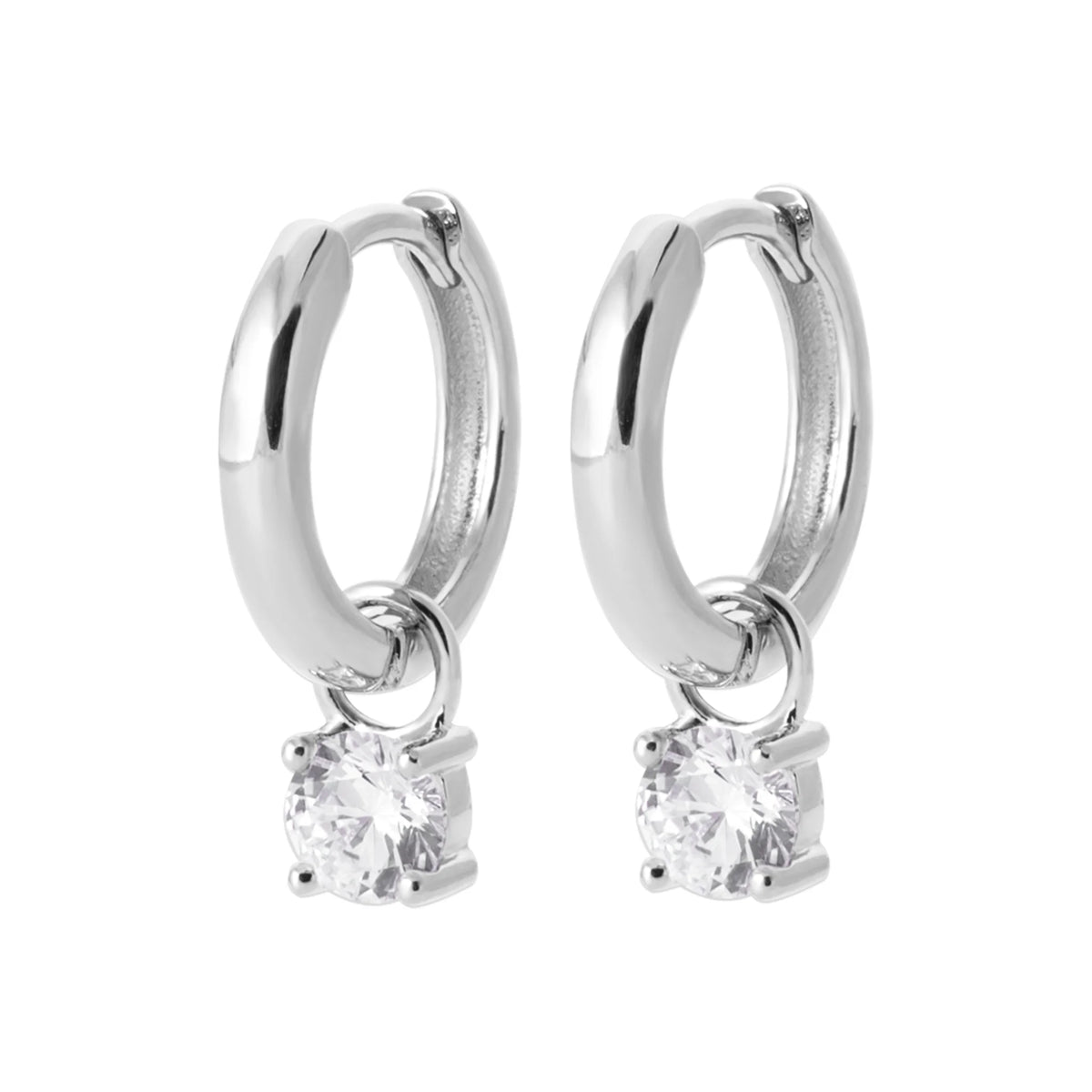 Boucles d’oreilles créoles 12 mm et pampille zircon en argent 925, vue de face