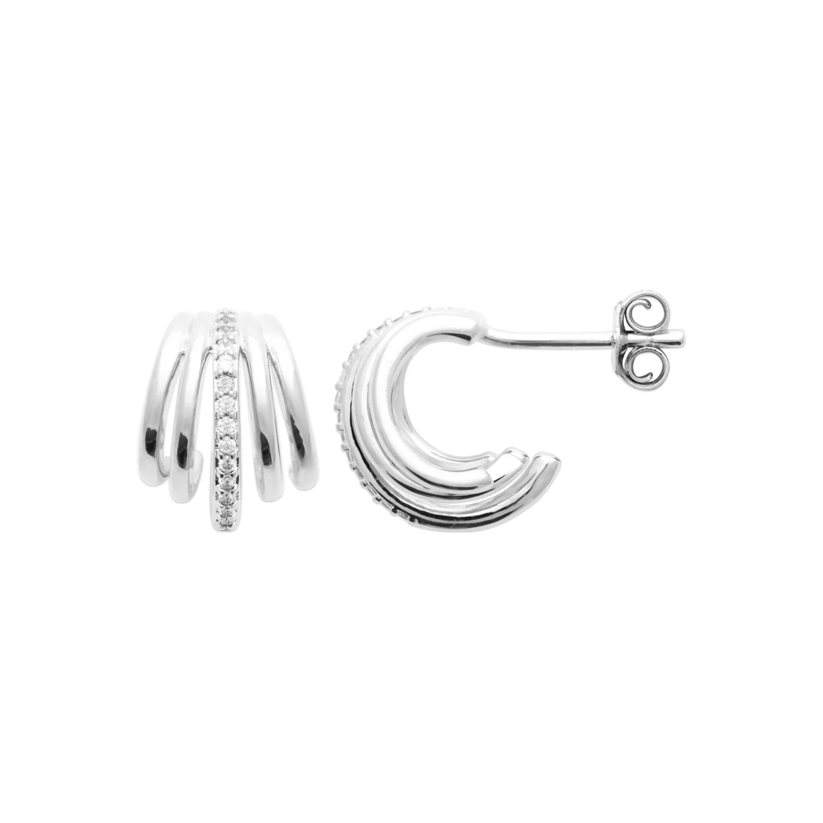 Boucles d’oreilles demi-créoles triple anneau en argent 925 et zircons