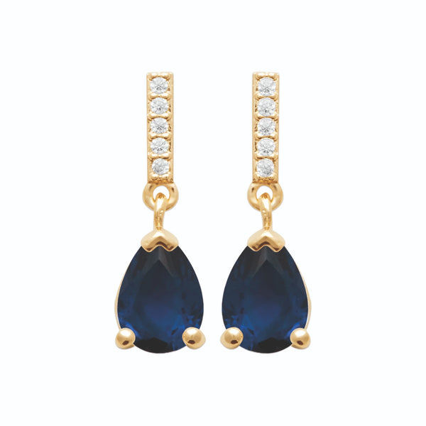Boucles d’oreilles pendantes barrette de zircons et goutte bleu nuit en plaqué or