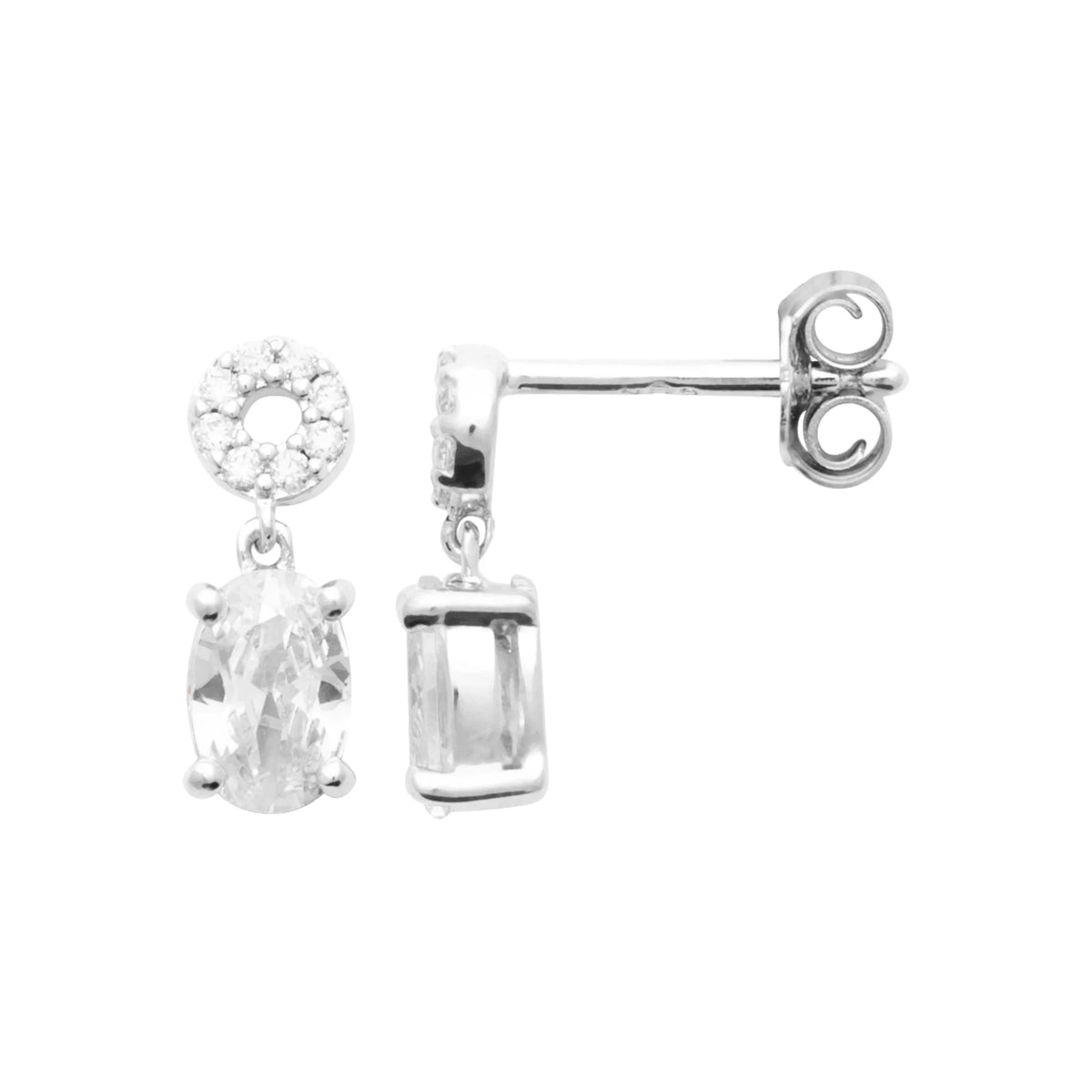Boucles d’oreilles pendantes cercle pavé et zircon ovale en argent 925, vue de profil