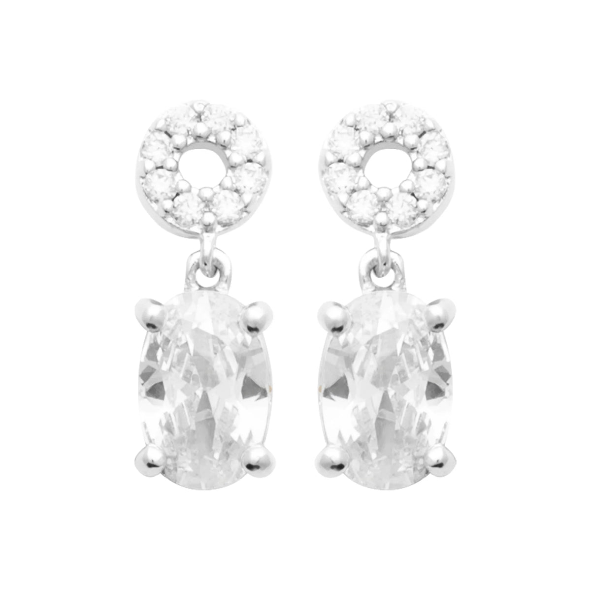 Boucles d’oreilles pendantes cercle pavé et zircon ovale en argent 925, vue de face