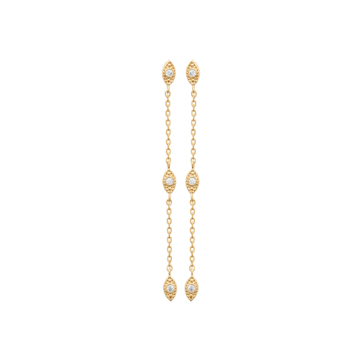 Boucles d’oreilles pendantes chaînettes à navettes de zircons enfant en plaqué or