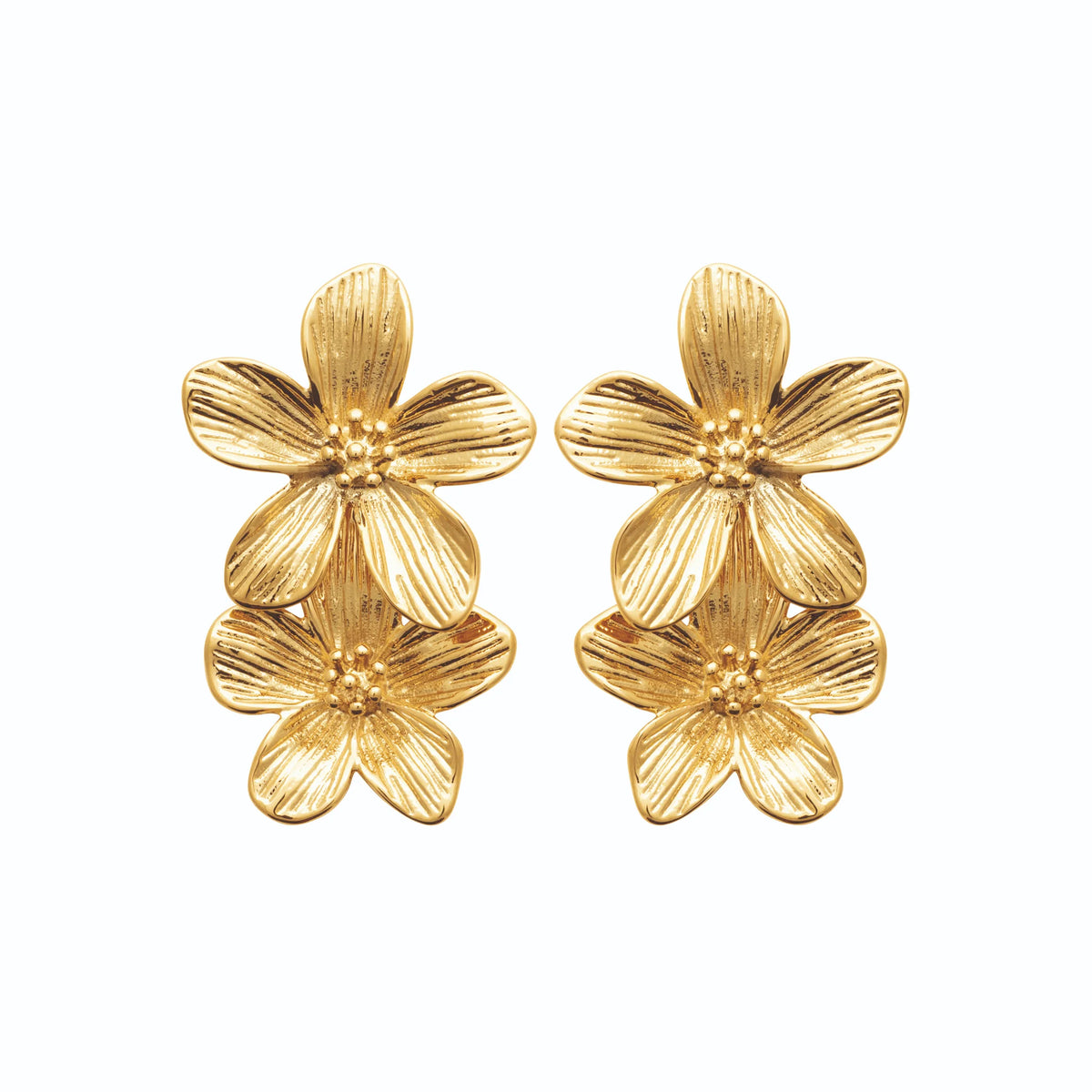 Boucles d’oreilles pendantes double fleur striée en acier PVD doré