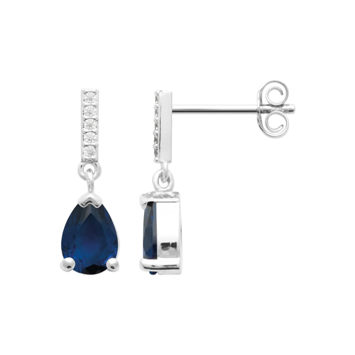 Boucles d’oreilles pendantes ligne de zircons et goutte bleu nuit en argent 925, vue de profil