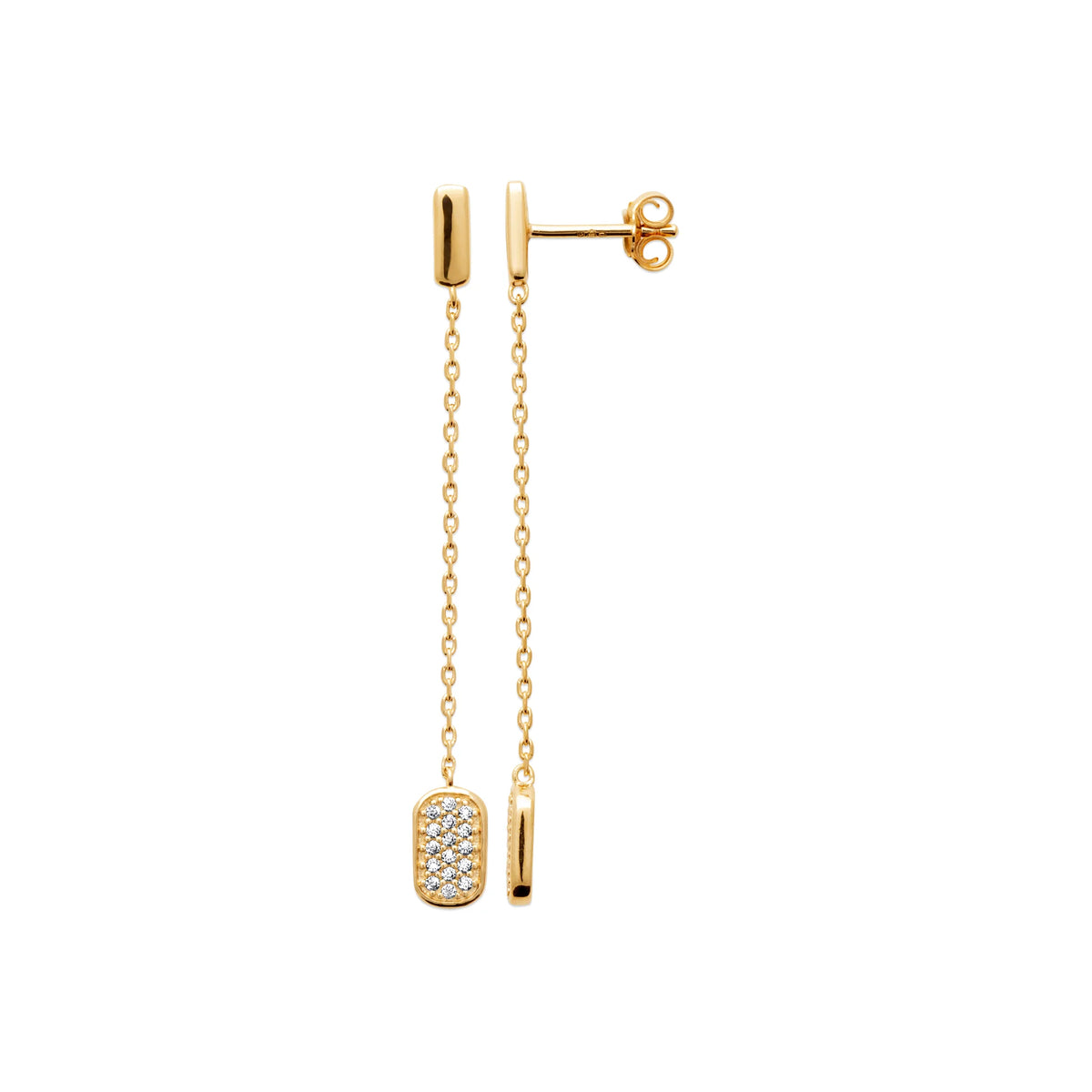 Boucles d’oreilles pendantes longues chaînes et plaque pavée de zircons en plaqué or