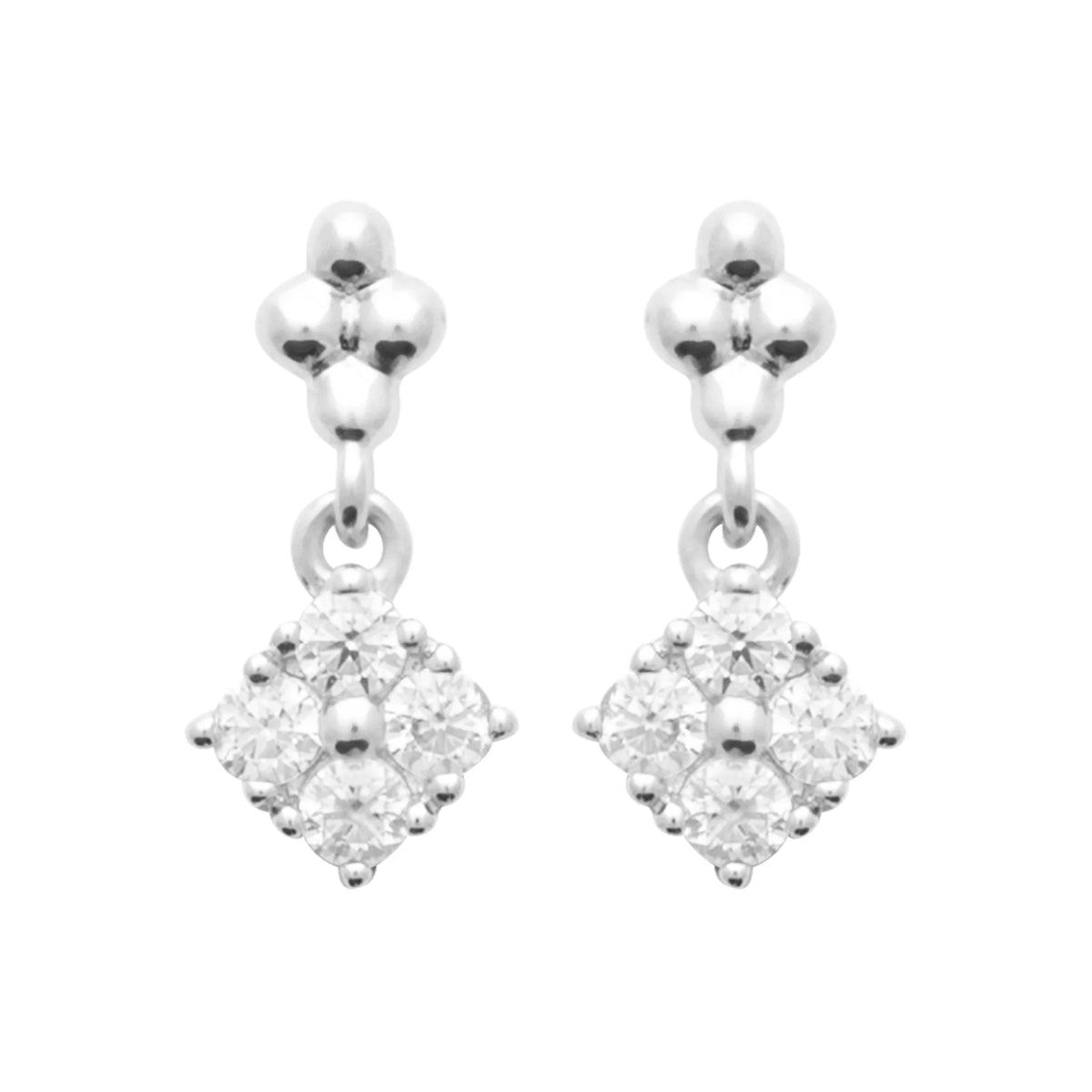 Boucles d’oreilles pendantes trio de billes et losange de zircons enfant en argent 925 rhodié