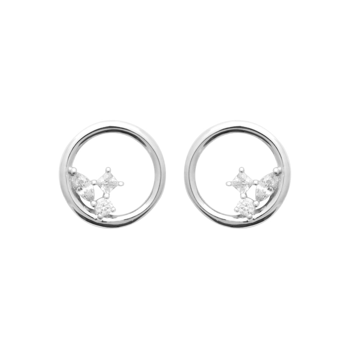 Boucles d’oreilles puces cercle et trio de zircons en argent 925