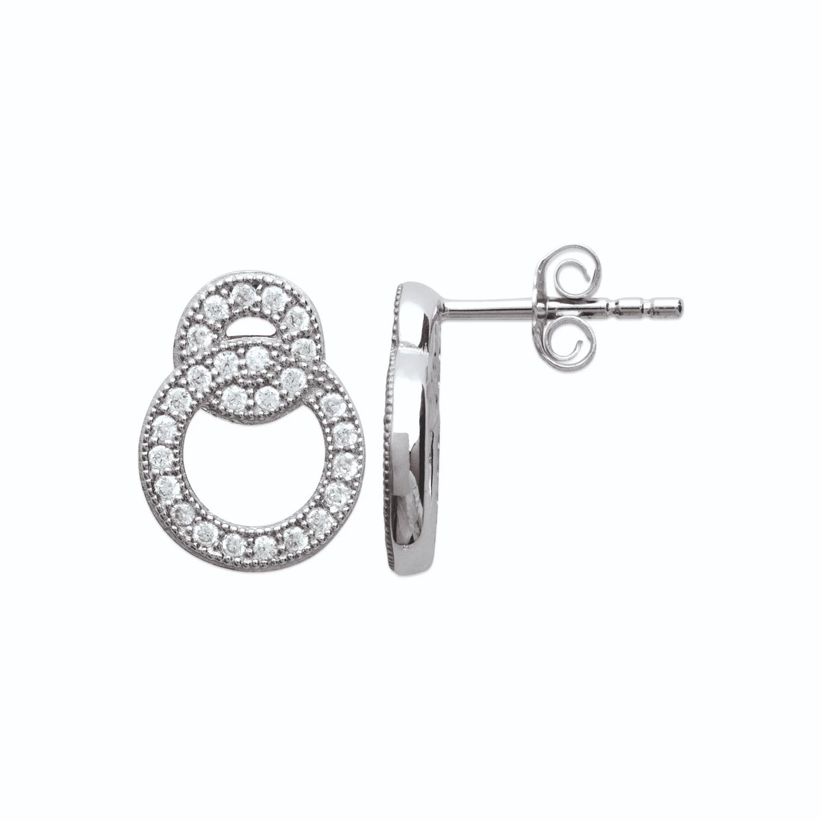 Boucles d’oreilles puces deux cercles pavés de zircons en argent 925, vue de profil