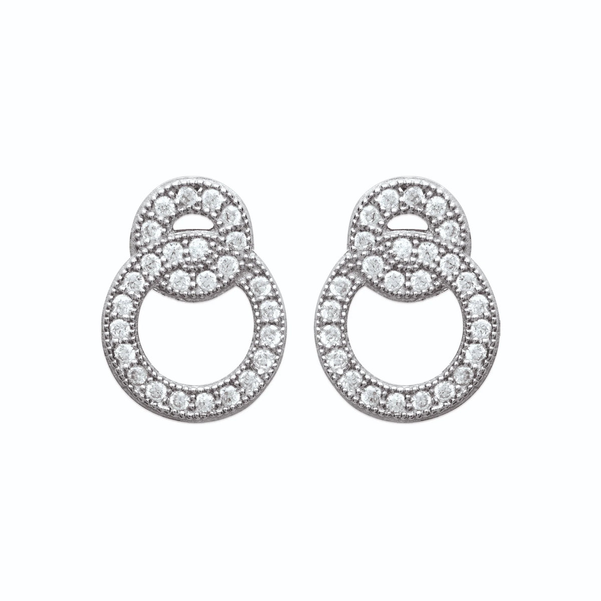 Boucles d’oreilles puces deux cercles pavés de zircons en argent 925, vue de face