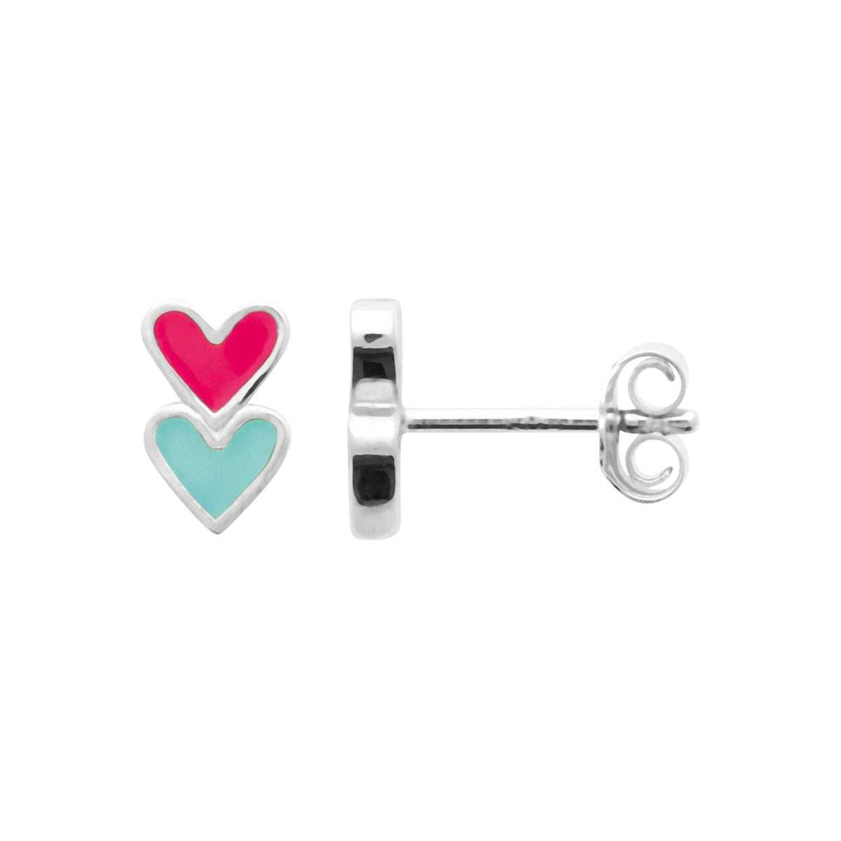 Boucles d’oreilles puces deux cœurs rose et bleu enfant en argent 925 rhodié