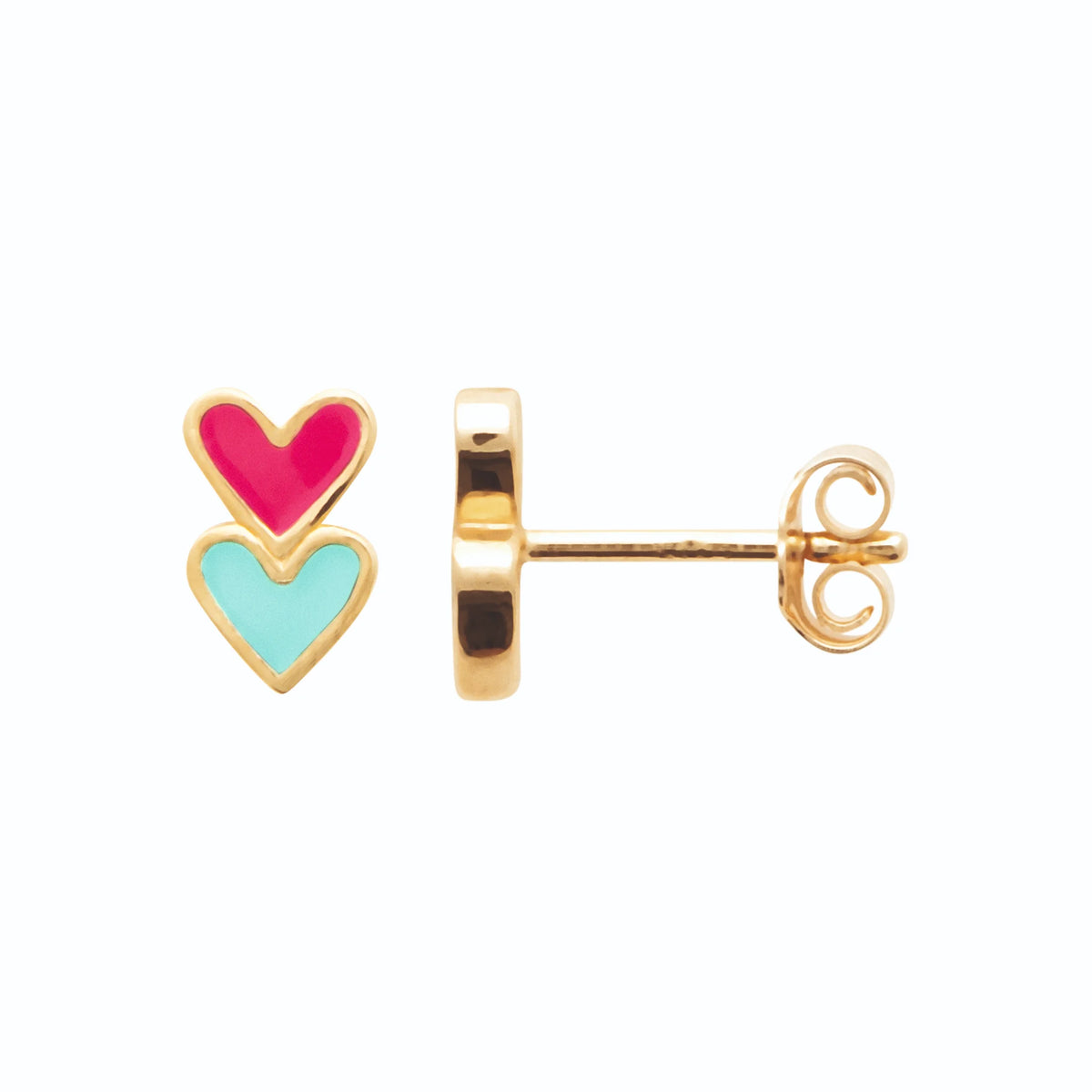 Boucles d’oreilles puces deux cœurs rose et bleu enfant en plaqué or