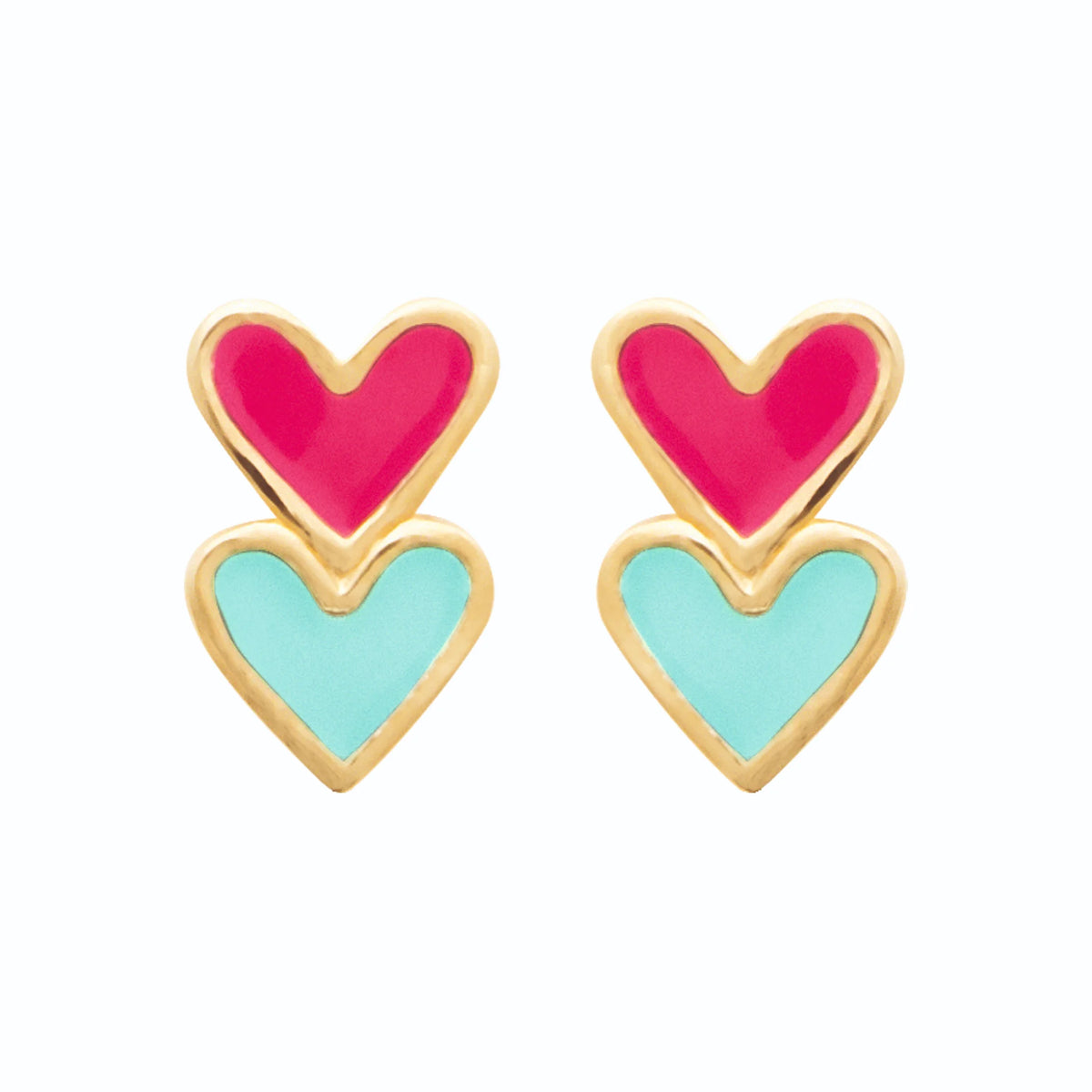 Boucles d’oreilles puces deux cœurs rose et bleu enfant en plaqué or
