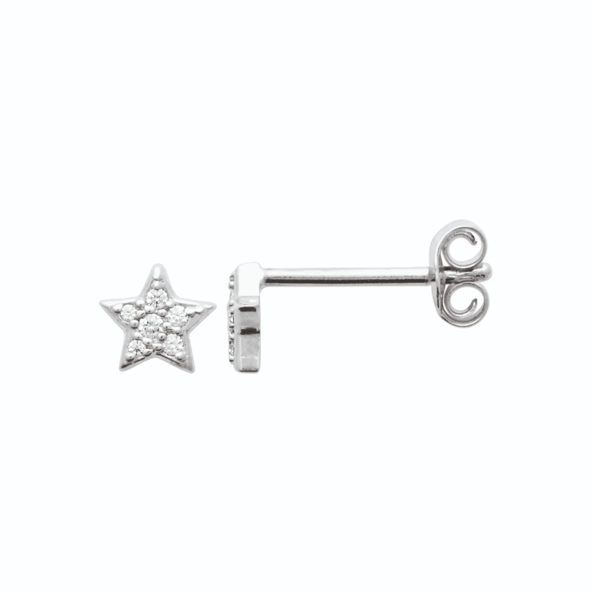 Boucles d’oreilles puces étoile pavée de zircons en argent 925, vue de profil