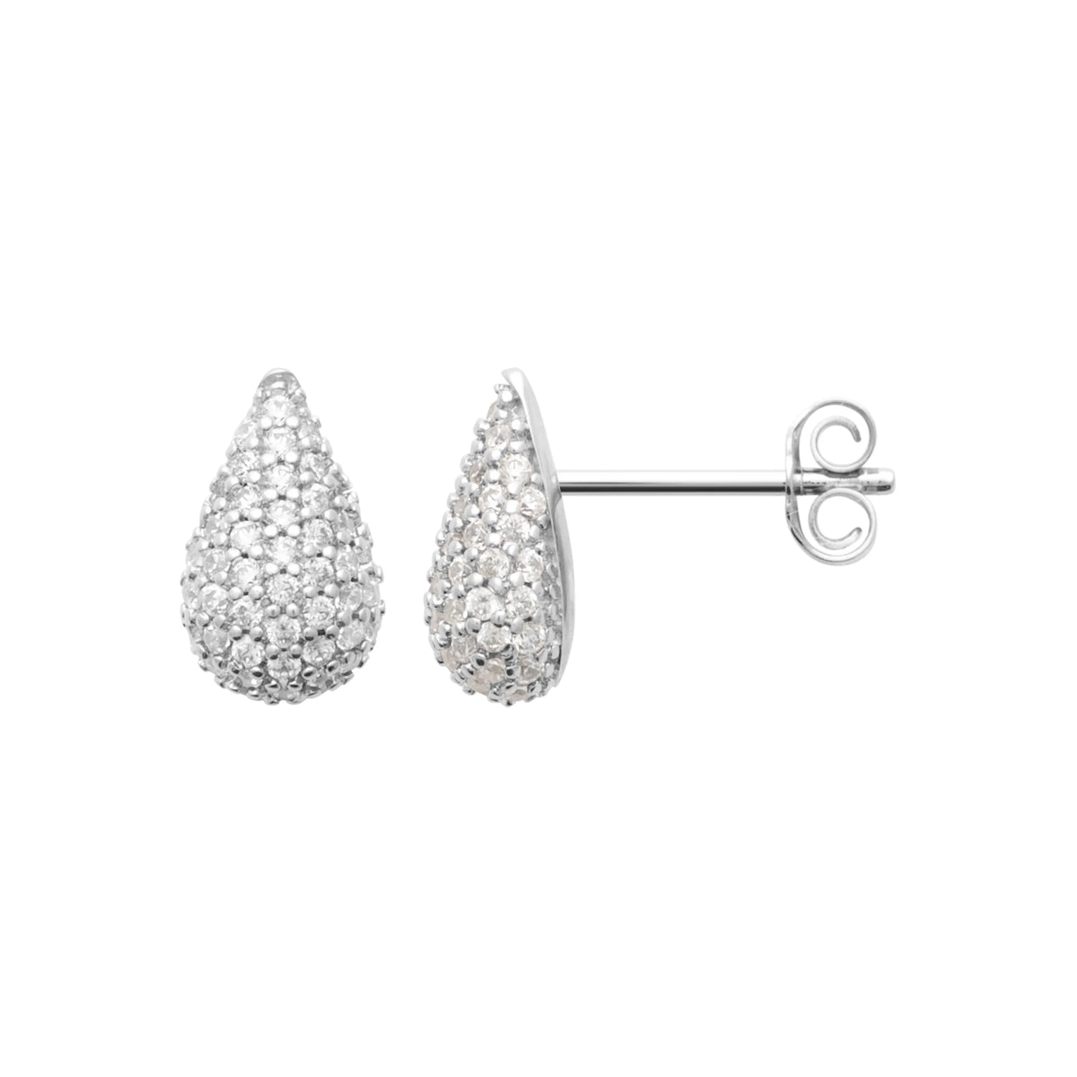 Boucles d’oreilles puces gouttes bombées pavées de zircons en argent 925, vue de profil