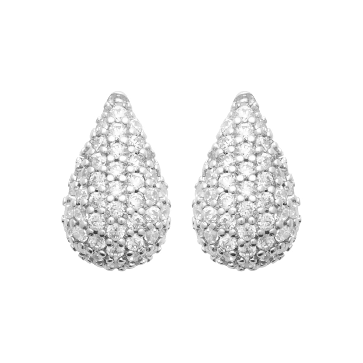 Boucles d’oreilles puces gouttes bombées pavées de zircons en argent 925, vue de face