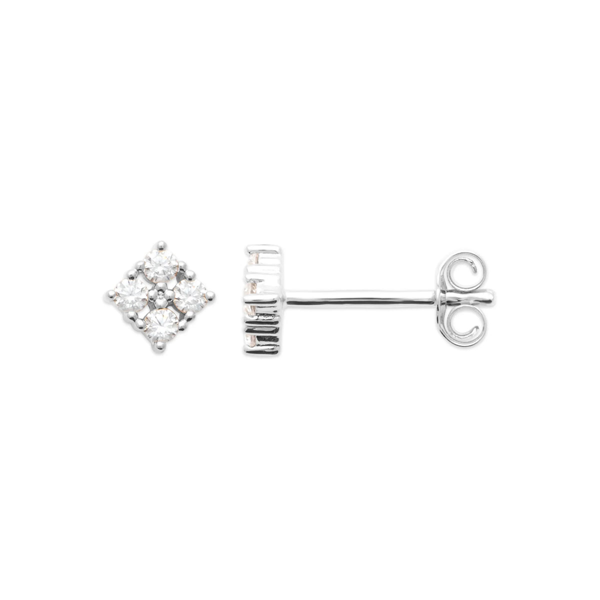 Boucles d’oreilles puces losange de zircons en argent 925, vue de profil