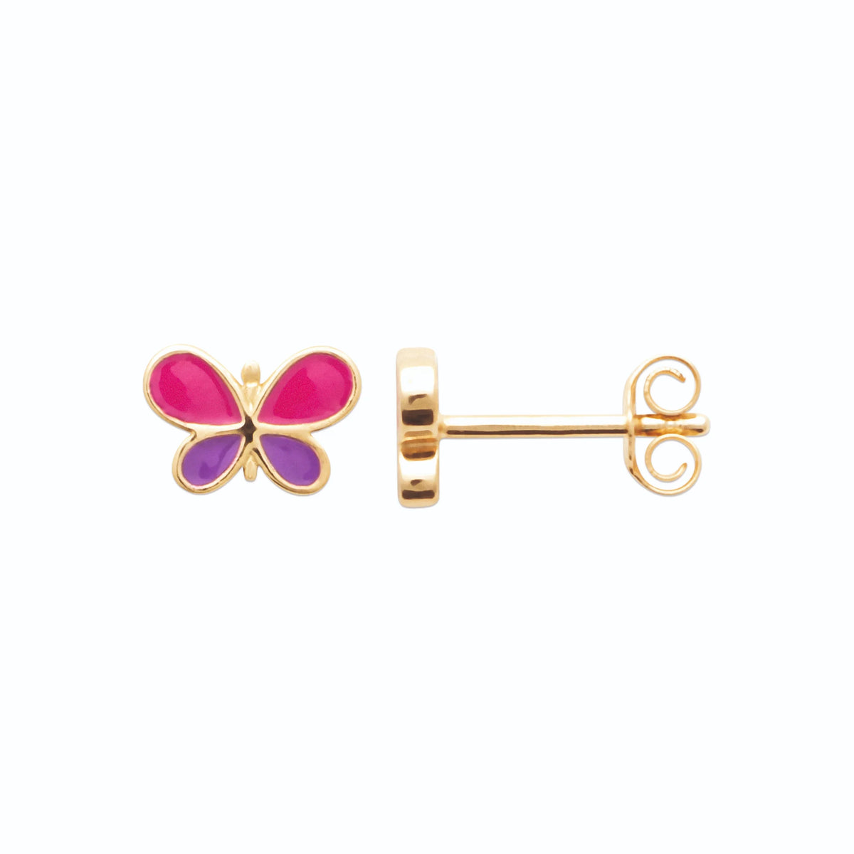 Boucles d’oreilles puces papillon rose et violet enfant en plaqué or