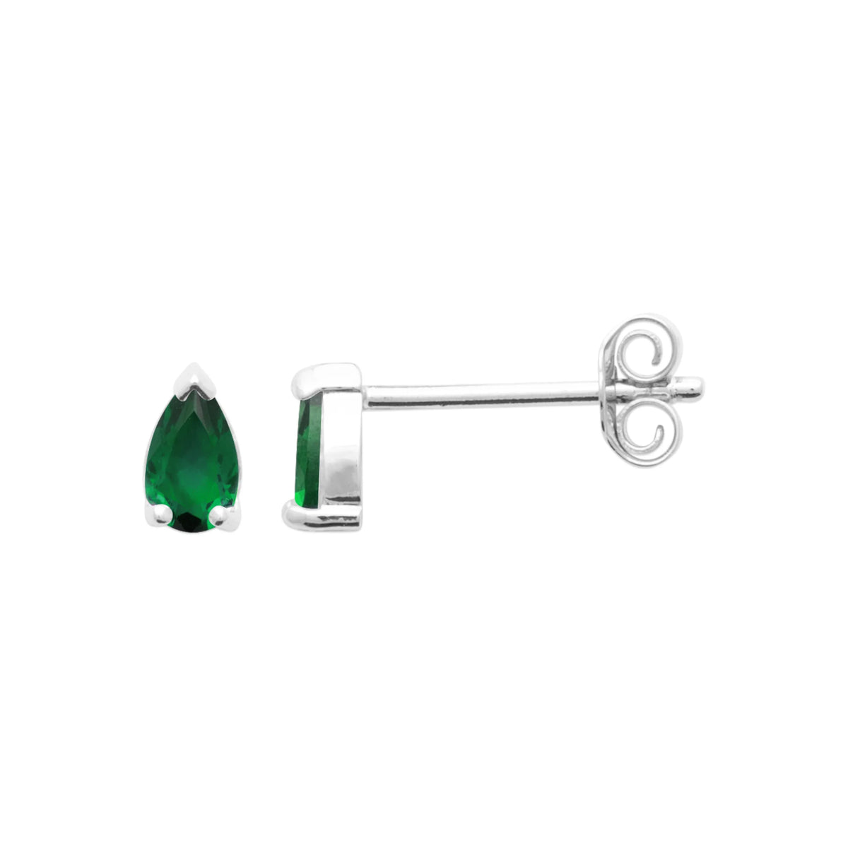 Boucles d’oreilles puces pierre verte taille poire en argent 925, vue de profil