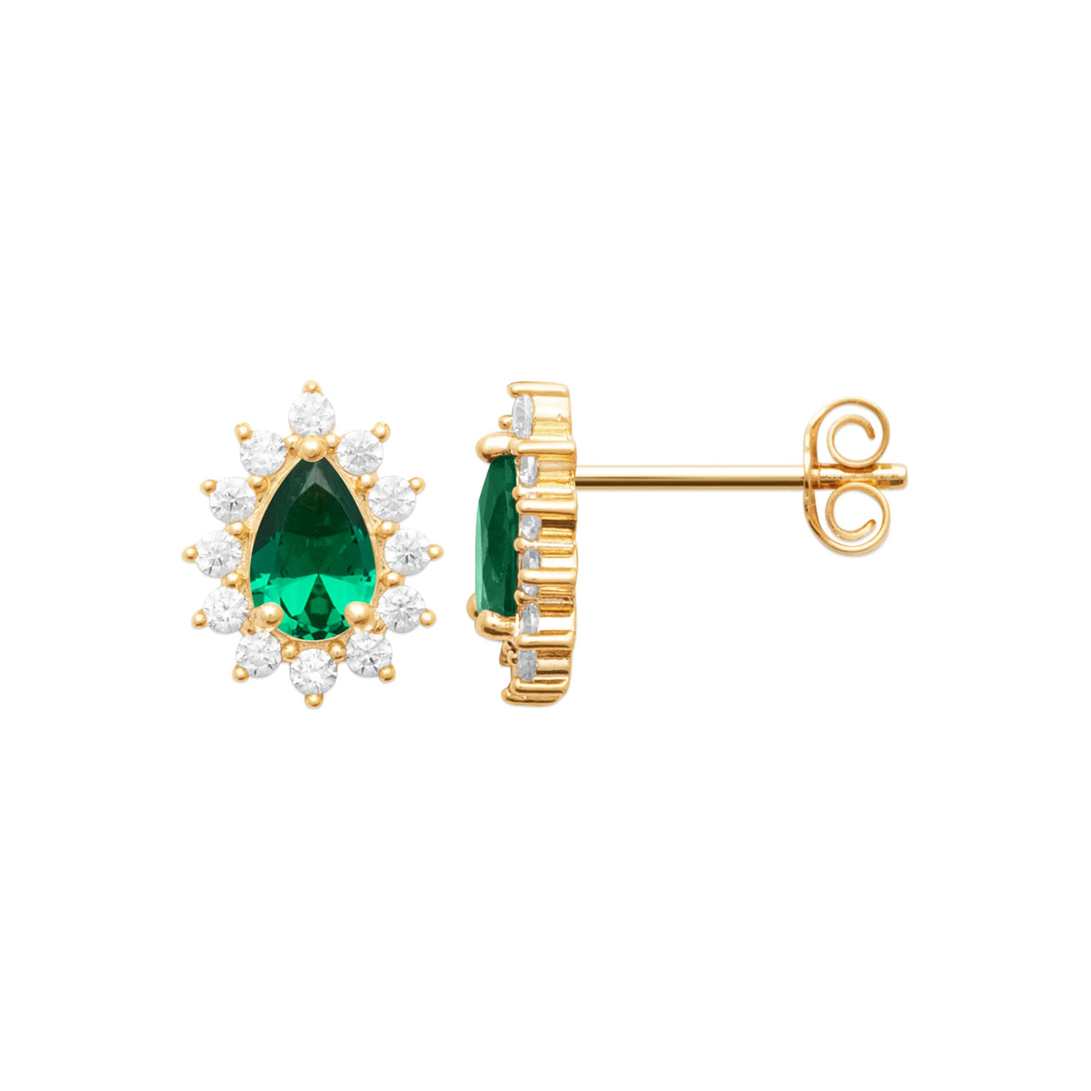 Boucles d’oreilles puces pierre verte taille poire et halo de zircons en plaqué or