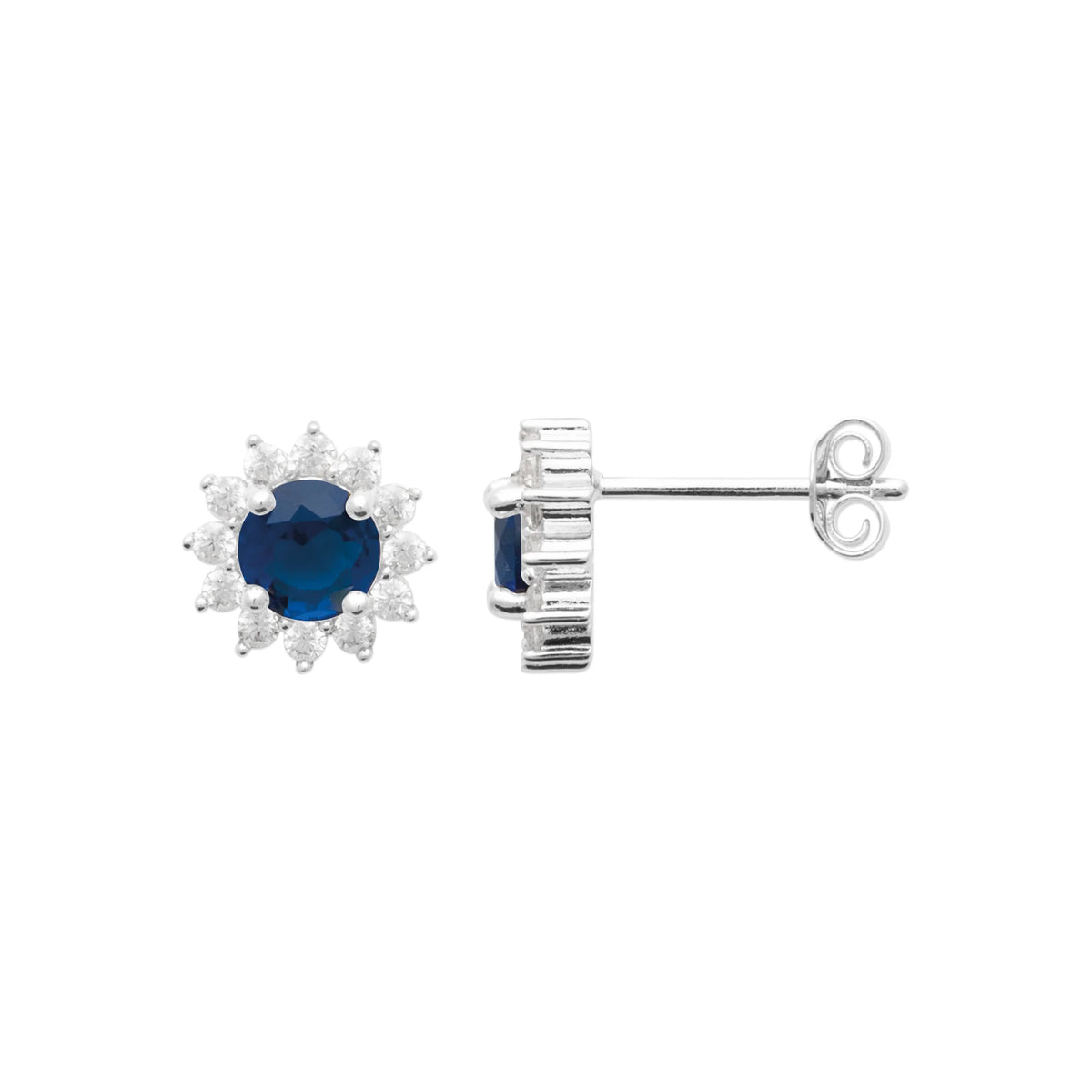Boucles d’oreilles puces soleil pierre bleu nuit et zircons en argent 925, vue de profil