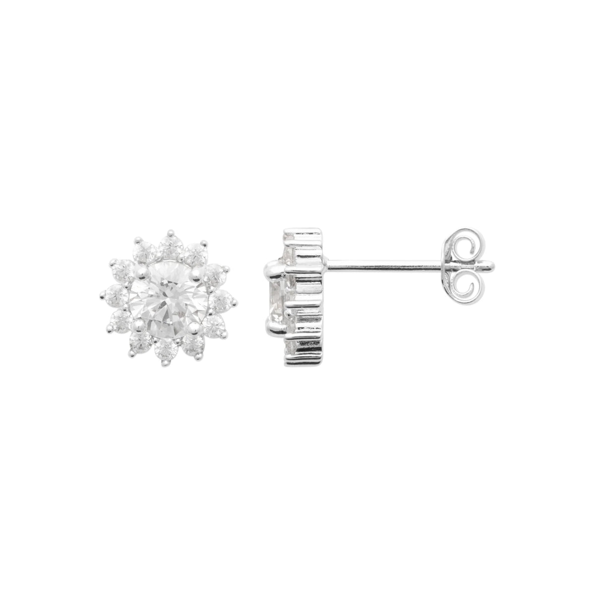 Boucles d’oreilles puces soleil de zircons en argent 925, vue de profil