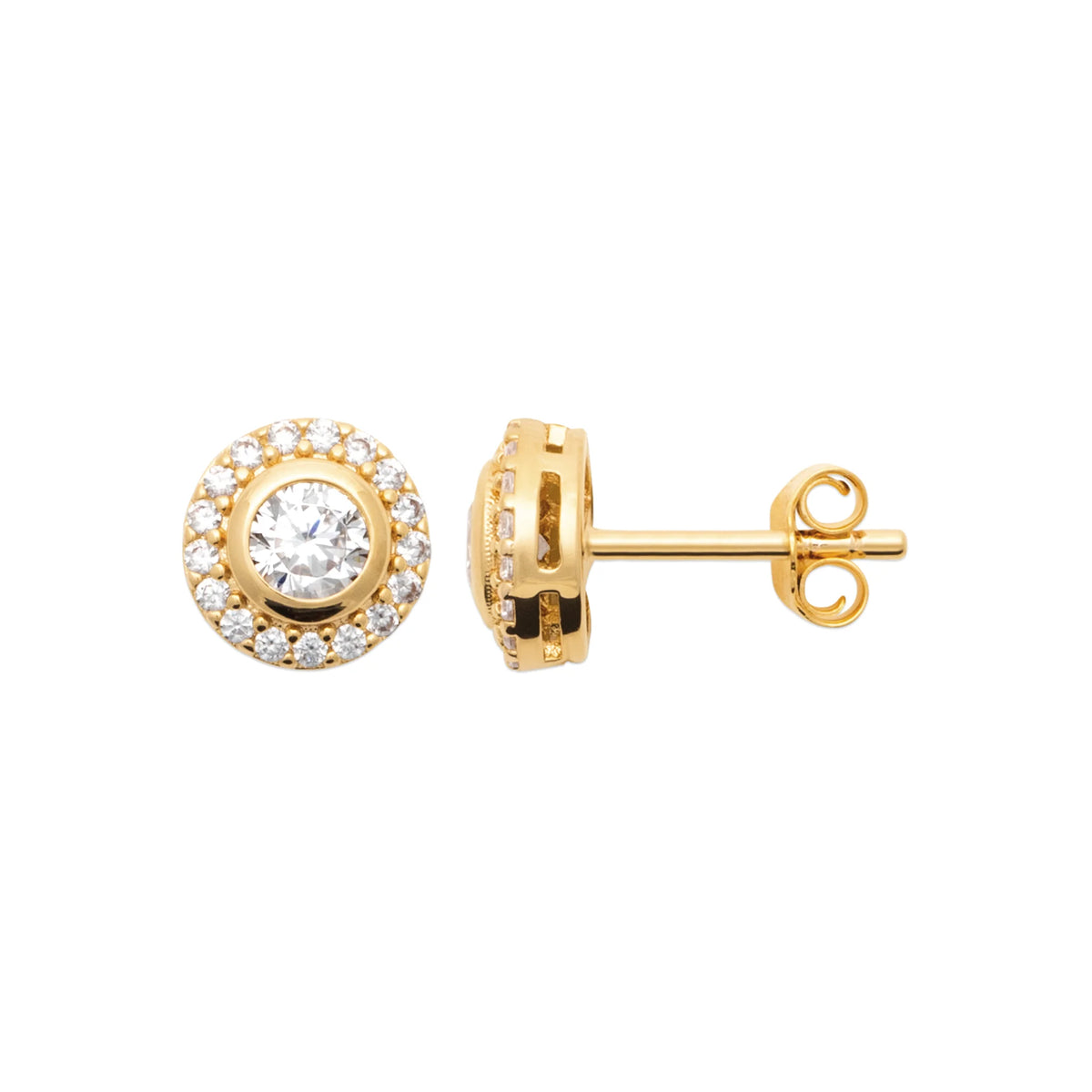 Boucles d’oreilles puces solitaire entouré d’un halo de zircons en plaqué or