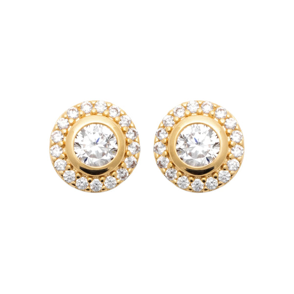 Boucles d’oreilles puces solitaire entouré d’un halo de zircons en plaqué or