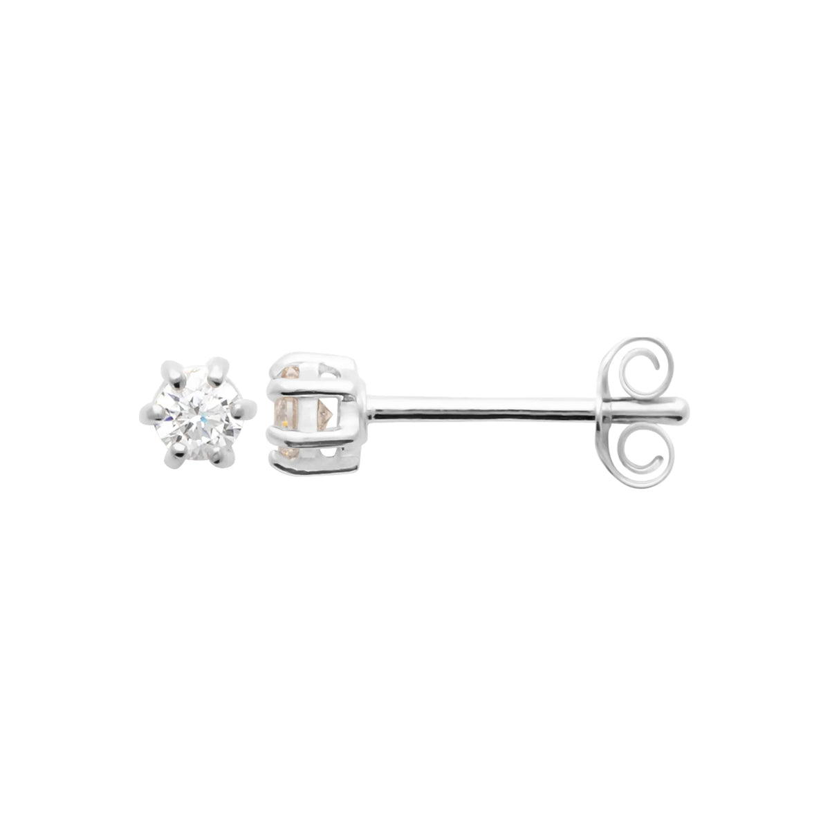 Boucles d’oreilles puces solitaire zircon six griffes en argent 925, vue de profil