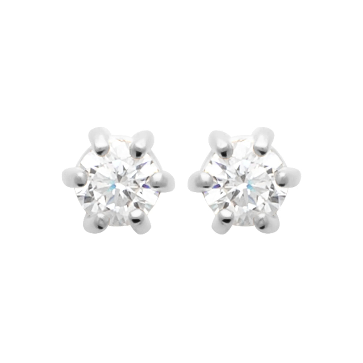 Boucles d’oreilles puces solitaire zircon six griffes en argent 925, vue de face