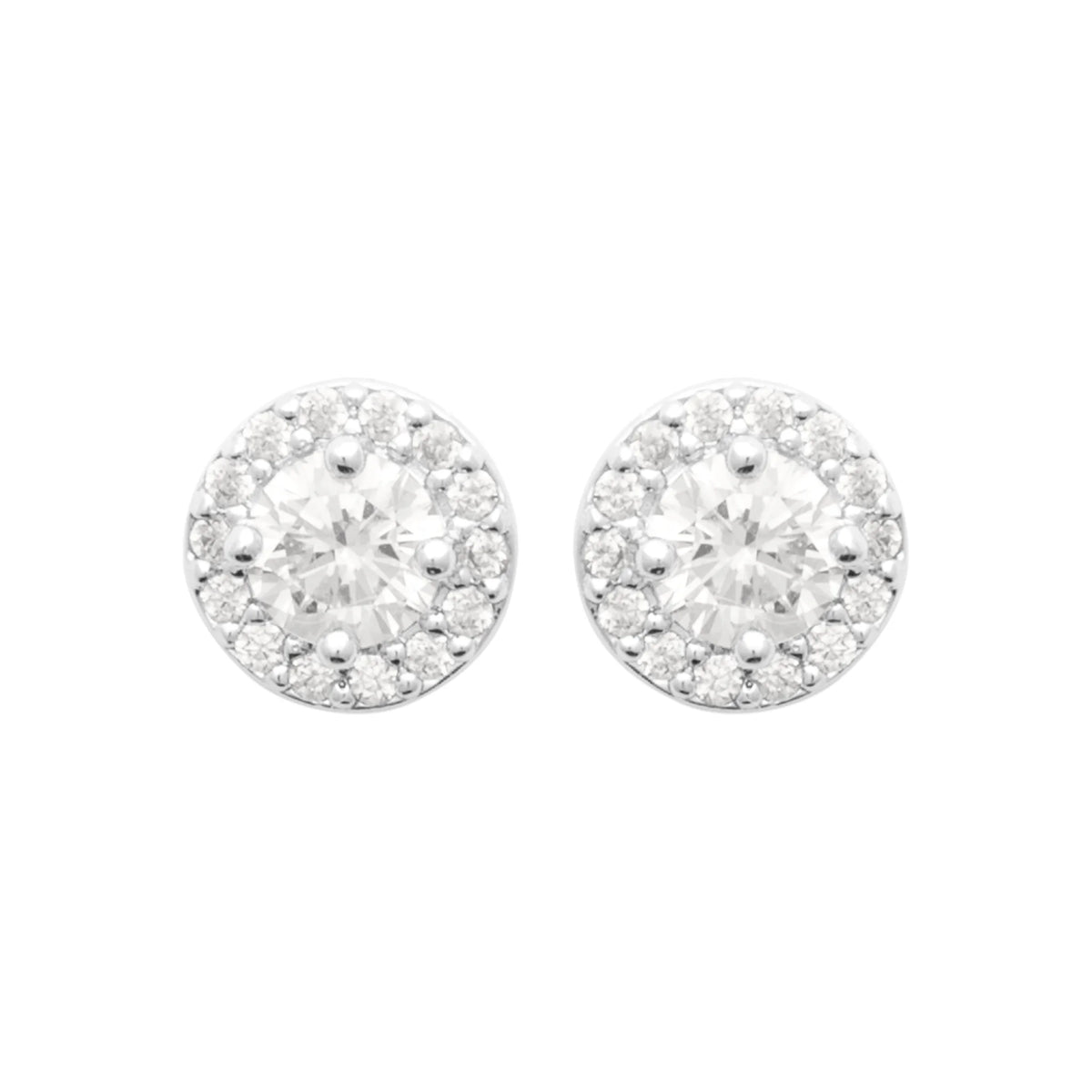 Boucles d’oreilles puces zircon rond et halo de zircons en argent 925, vue de face