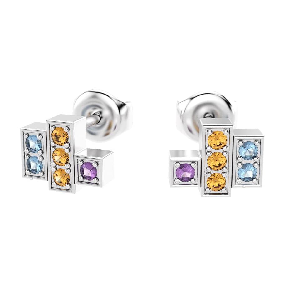 boucles oreilles art deco femme en argent avec pierre semi-précieuse citrine amethyste topaze
