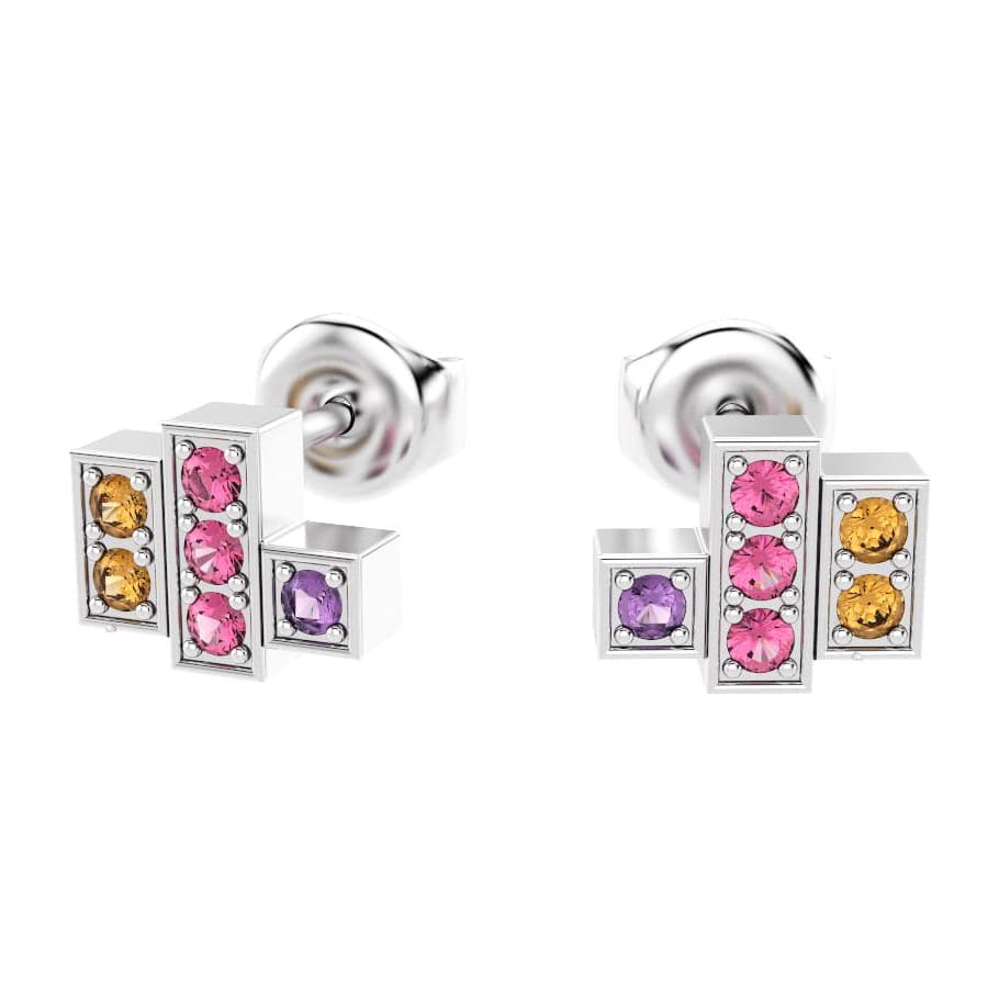 boucles oreilles art deco femme en or blanc avec pierre semi-précieuse citrine rhodolite améthyste