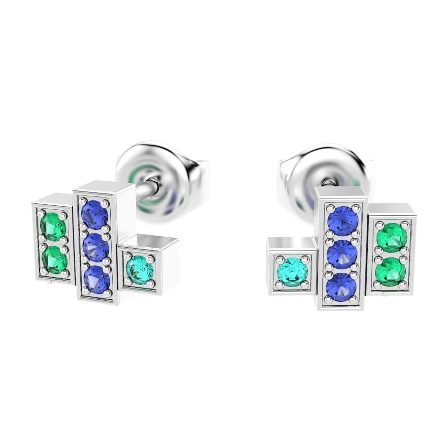 boucles oreilles art déco femme en or blanc avec pierre semi-précieuse emeraudes saphirs bleus tourmaline paraiba