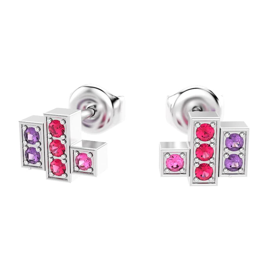 boucles oreilles art deco femme en or blanc avec pierre semi-précieuse rubis saphirs roses saphirs violets